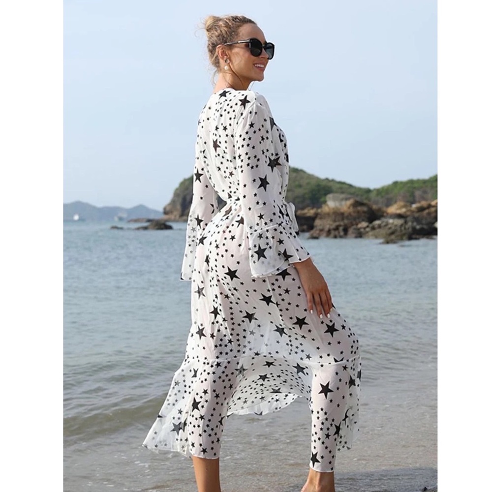 Boho White Chiffon with Black Stars Kimono Duster Beach Coverup - Picture 3 of 16